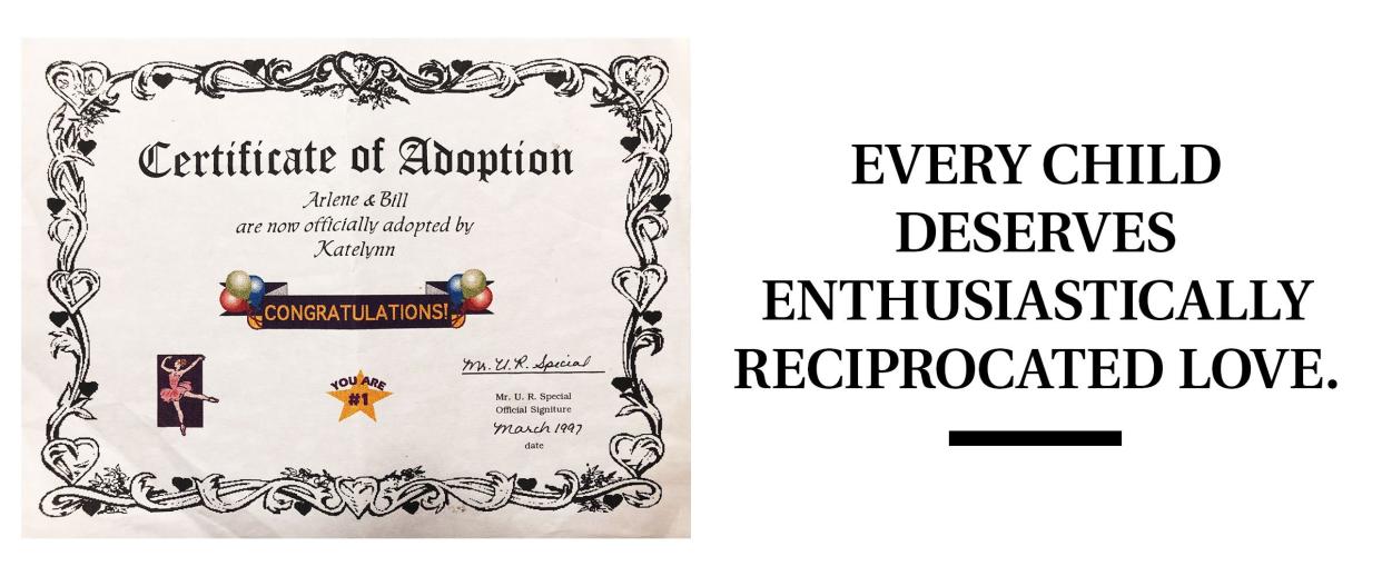 adoption certificate and pull quote text: "Every child deserves enthusiastically reciprocated love."