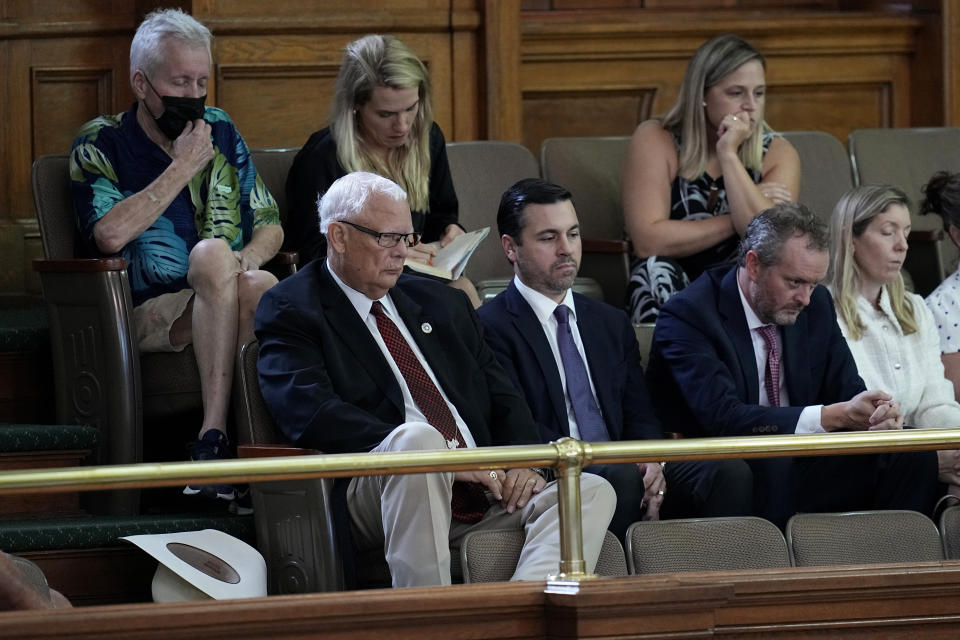 Whistleblowers, front row from left, David Maxwell Former director of law enforcement, Ryan Vassar Former deputy attorney general, and Blake Brickman Former deputy attorney general, attend the impeachment trial for suspended Texas Attorney General Ken Paxton in the Senate Chamber at the Texas Capitol, Friday, Sept. 15, 2023, in Austin, Texas. (AP Photo/Eric Gay)