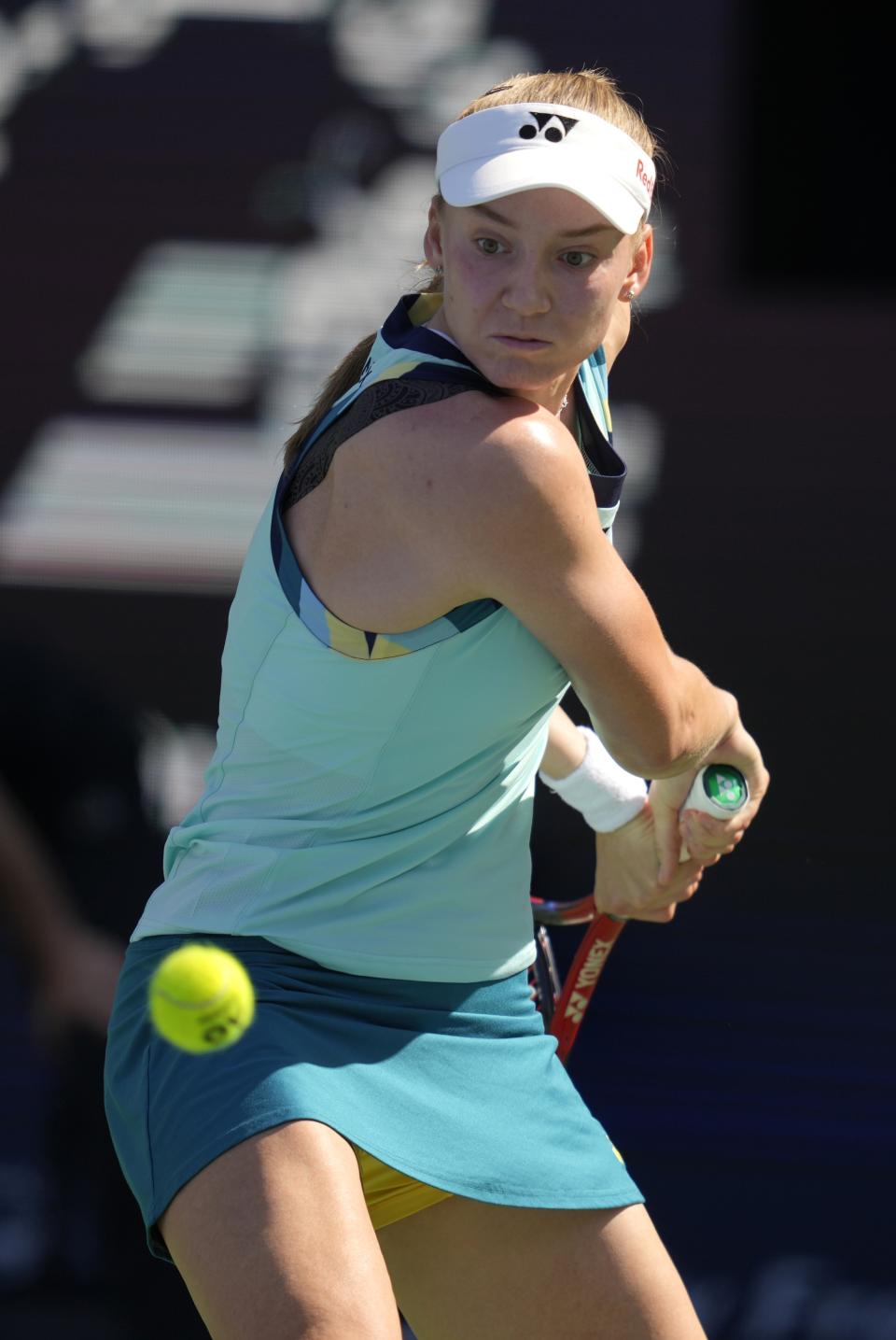 Elena Rybakina of Kazakhstan returns the ball to Magdalena Frech of Poland during a match of the Dubai Duty Free Tennis Championships in Dubai, United Arab Emirates, Wednesday, Feb. 21, 2024. (AP Photo/Kamran Jebreili)