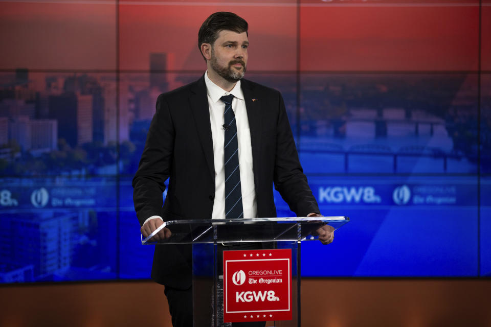 Multnomah County District Attorney Mike Schmidt and challenger Nathan Vasquez, not photographed, participate in a DA candidate debate hosted by The Oregonian and KGW news at KGW's studio the evening of Thursday., May 2, 2024 in Portland, Ore. Schmidt is seeking a second term, while Vasquez currently works for Schmidt as a senior deputy district attorney. (Dave Killen /The Oregonian via AP)