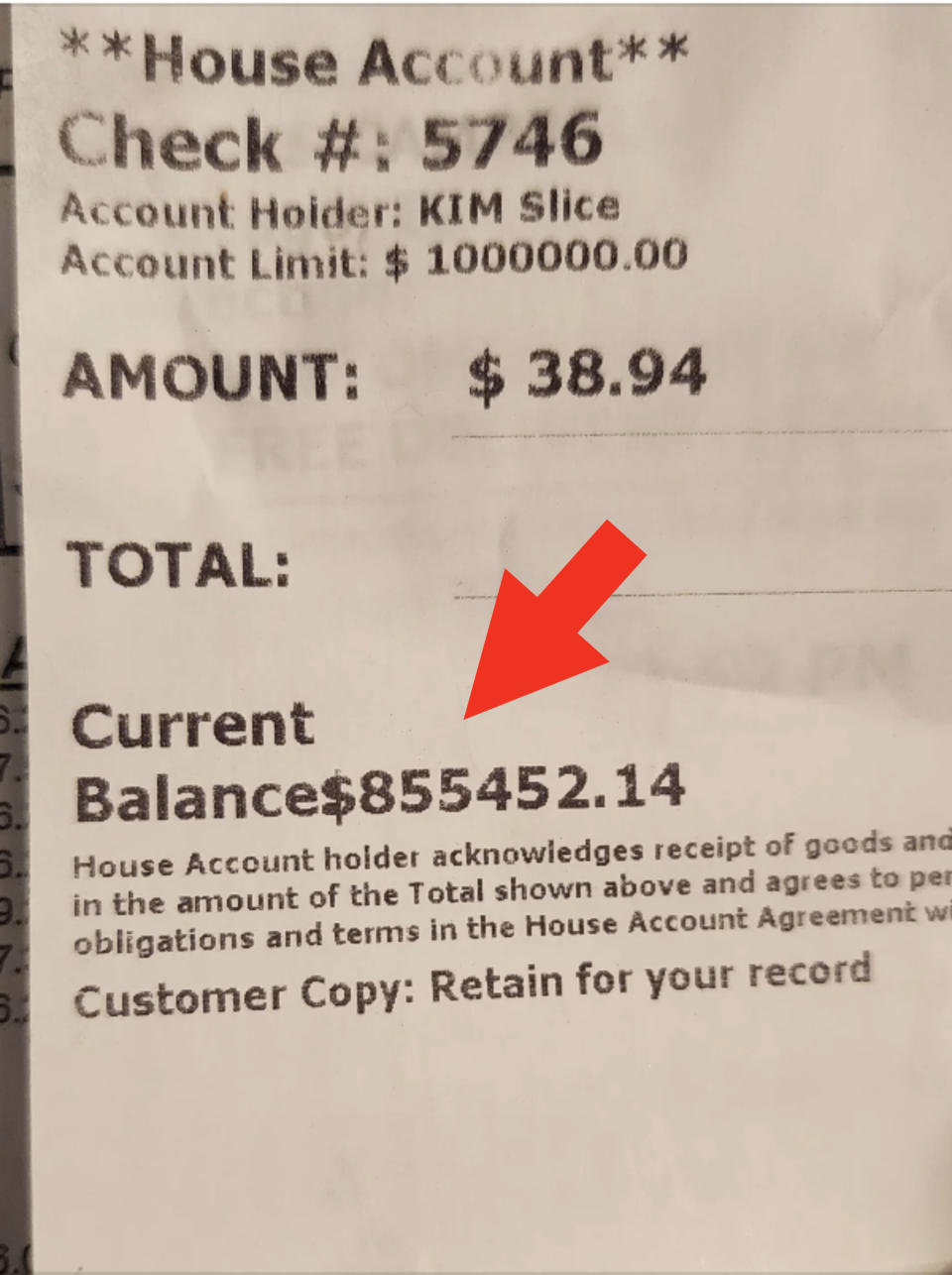 Receipt showing a total balance of $885.14 with terms indicating acknowledgment of goods or services received