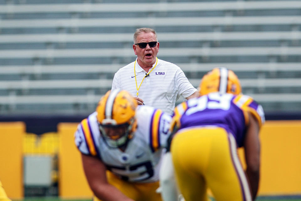BATON ROUGE, LA - APRIL 23: LSU Tigers head coach Brian Kelly during the LSU Spring Game on April 23, 2022, at Tiger Stadium in Baton Rouge, Louisiana. Photo by John Korduner/Icon Sportswire via Getty Images)