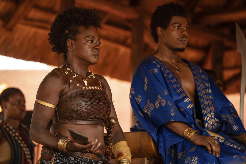 This image released by Sony Pictures shows Viola Davis, left, and John Boyega in "The Woman King." (Sony Pictures via AP)