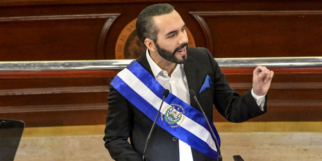 Salvadoran President Nayib Bukele gestures during a speech for his second anniversary in power on June 1, 2021