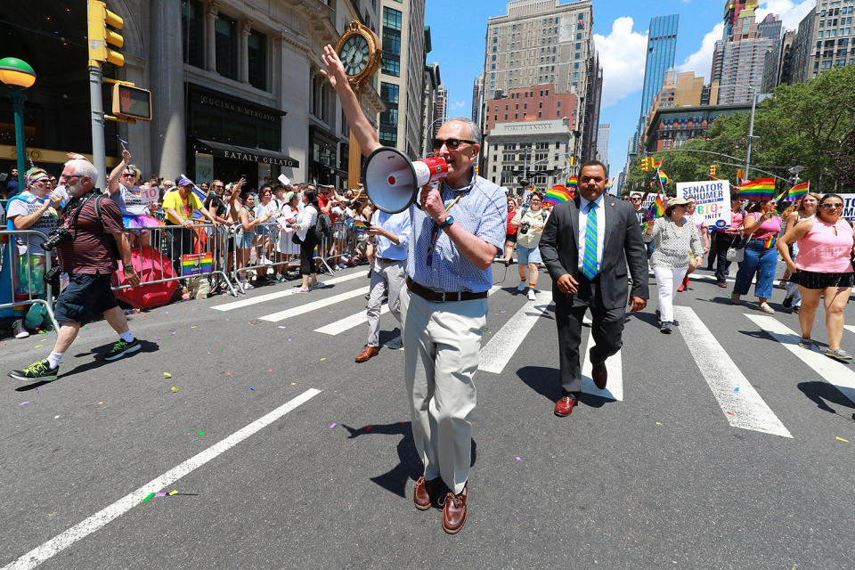 New York Senator Chuck Schumer marches in the NYC Pride Parade in New York, Sunday, June 30, 2019. (Gordon Donovan/Yahoo News) 