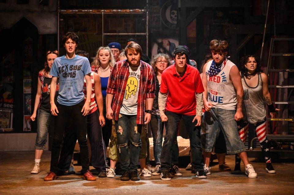 Aegis Duensing as Will, Cullen Fitzgerald as Johnny, Luke Gilboy as Tunny, along withh the ensemble cast members Caleb Zinn, Grace Ohana Smith, Georgina Vitola, Erin Kaplan and Talia Porter perform in "Green Day's American Idiot."