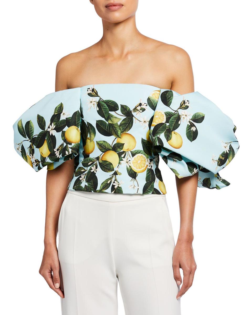 Lemon Print Puff-Sleeve Corset Top