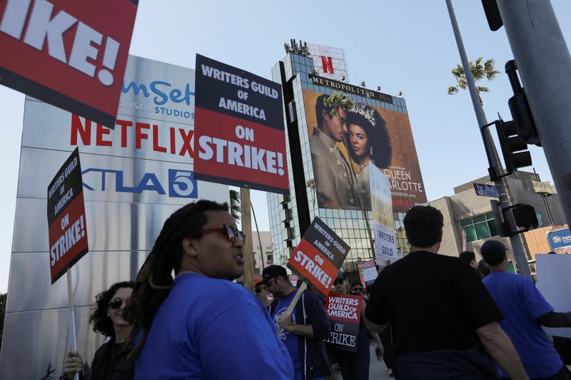 Members of the Writers Guild of America protest in Los Angeles