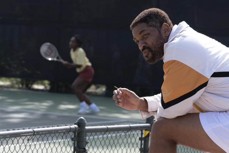 Richard Williams keeps a close eye on things as daughter Venus (Saniyya Sidney) practices in "King Richard."