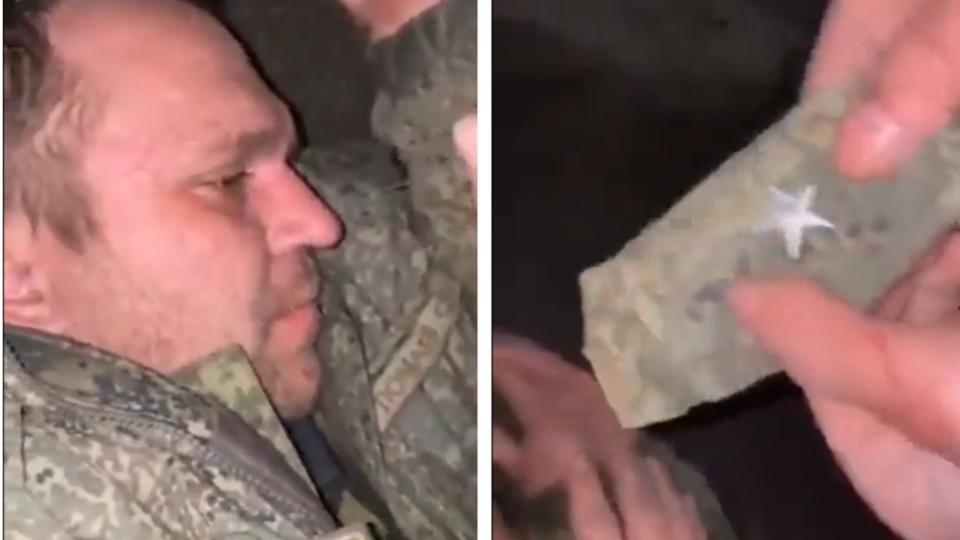 據傳烏克蘭軍隊捕獲一名俄羅斯少校，還拔下他的軍階。（圖／翻攝自Militarylandnet 推特）