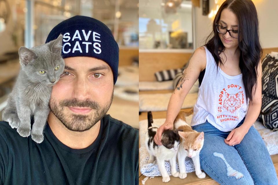 Justyn and Tori, feline foster winners: Justyn, wearing a "Save Cats" beanie, with a cat on his shoulder, and Tori with two cats.