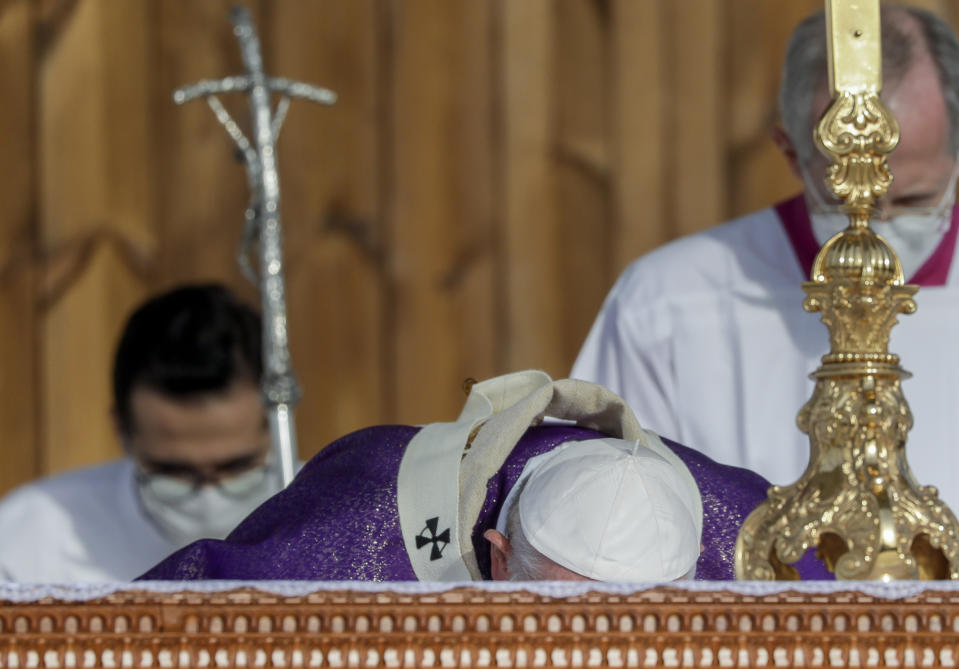 Pope Francis celebrates mass at the Franso Hariri Stadium in Irbil, Kurdistan Region of Iraq, Sunday, March 7, 2021. The Vatican and the pope have frequently insisted on the need to preserve Iraq's ancient Christian communities and create the security, economic and social conditions for those who have left to return.(AP Photo/Andrew Medichini)