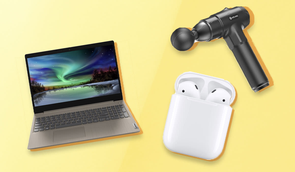 Laptop, AirPods in case, and massage gun