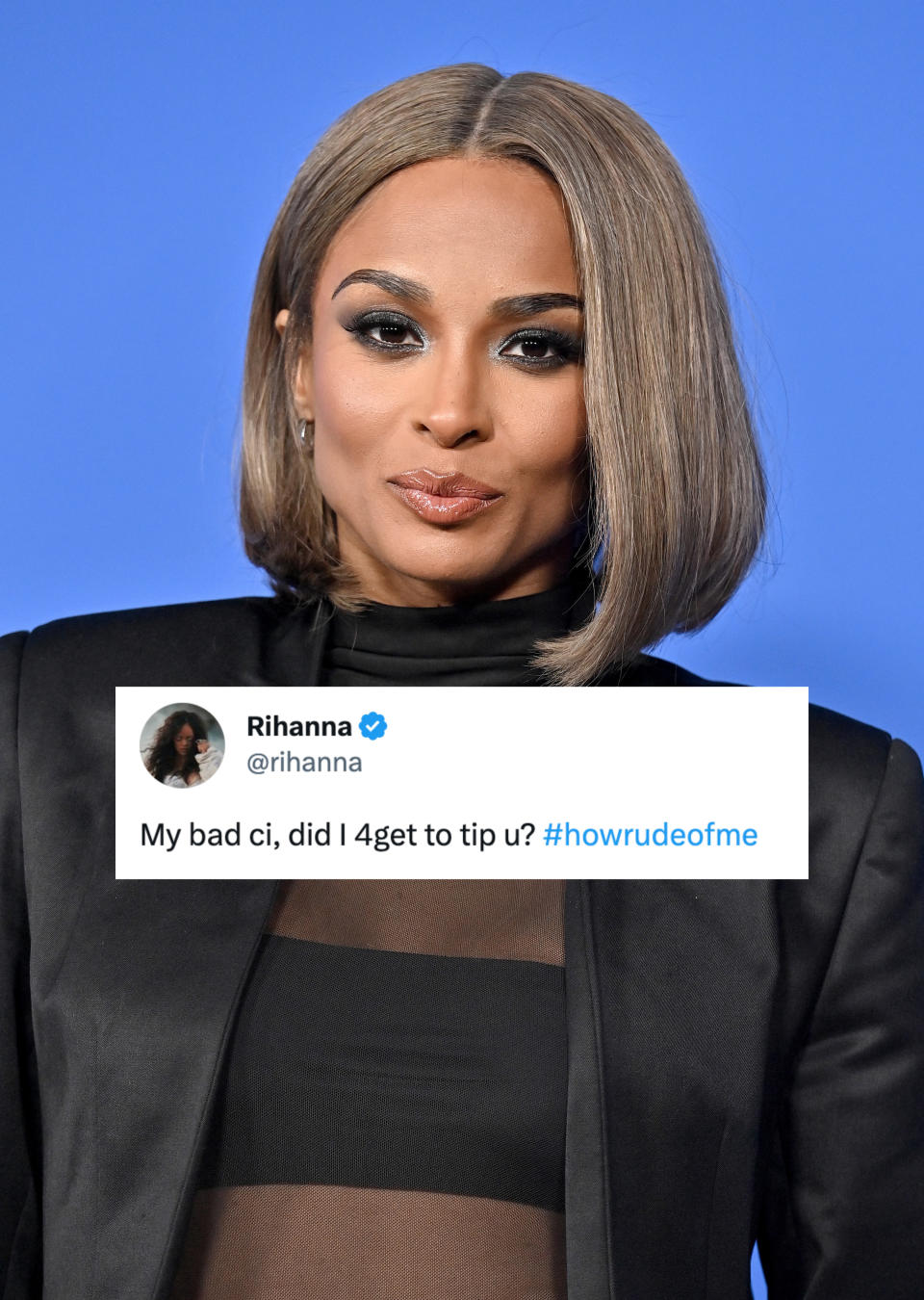 A photo of Ciara posing in a black jacket, with a screenshot of RIhanna's tweet on top