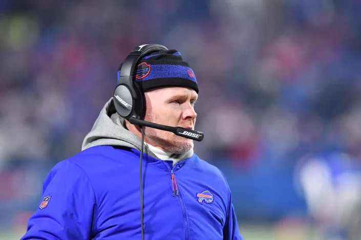 Dec 6, 2021; Orchard Park, New York, USA; Buffalo Bills head coach Sean McDermott walks the sideline in the first quarter game against the New England Patriots at Highmark Stadium. Mandatory Credit: Mark Konezny-USA TODAY Sports