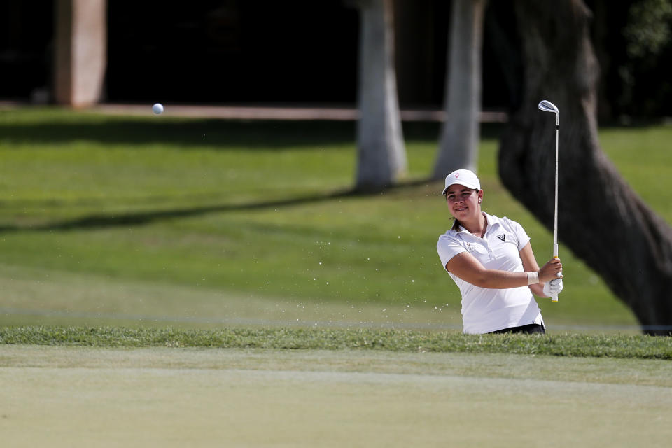 Kristen Gillman watches her shot on the 11th hole during the first round of the ANA Inspiration golf tournament at Mission Hills Country Club in Rancho Mirage, Calif. Thursday, Sept. 10, 2020. (AP Photo/Ringo H.W. Chiu)