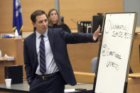 Attorney Chris Mattei points to a white board he had written on during closing statements in the Alex Jones Sandy Hook defamation damages trial in Superior Court in Waterbury, Conn., on Thursday, Oct. 6, 2022. (H John Voorhees III/Hearst Connecticut Media via AP, Pool)