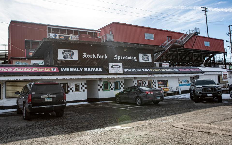 The entry to the Rockford Speedway, 9572 Forest Hills Road, is seen on Wednesday, Feb. 8, 2023, in Loves Park. The speedway is closing its doors after the 2023 season.