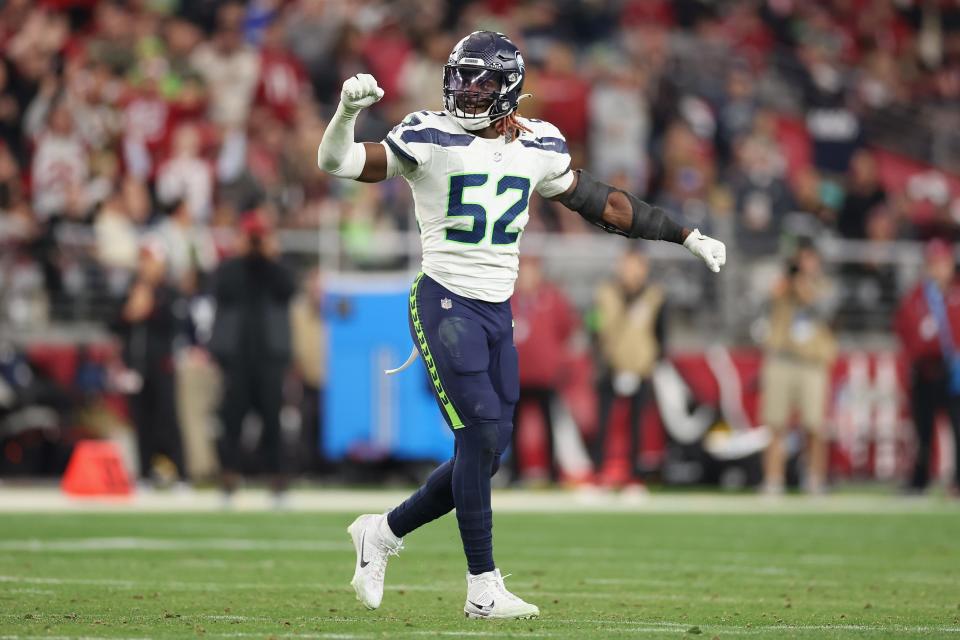 GLENDALE, ARIZONA - JANUARY 07: Linebacker Darrell Taylor #52 of the Seattle Seahawks during the second half of the NFL game at State Farm Stadium on January 07, 2024 in Glendale, Arizona. The Seahawks defeated the Cardinals 21-20. (Photo by Christian Petersen/Getty Images)