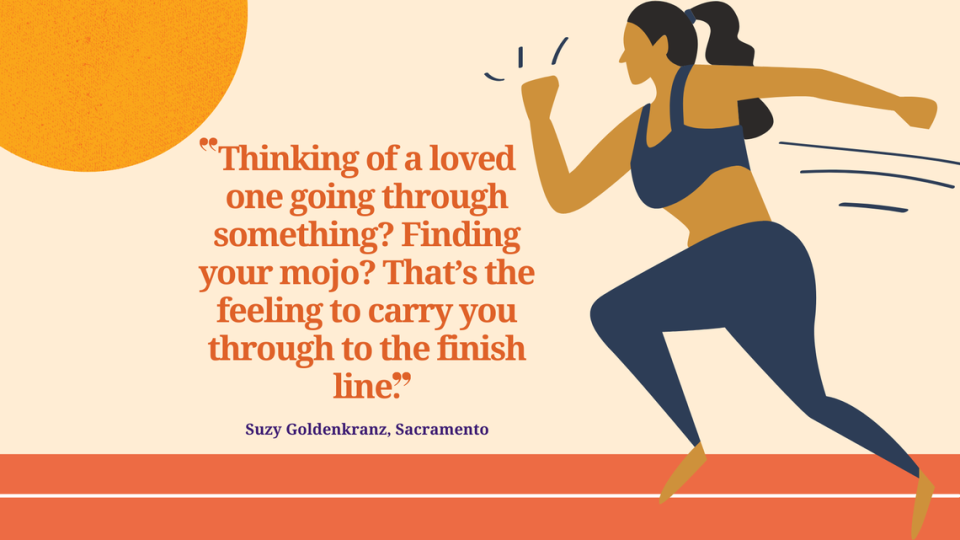 Sacramento resident Suzy Goldenkranz is a seasoned runner who’s run up to 200-mile relay races. Her biggest tip is to tap into something deep during the second half of the race in order to finish strong. Brianna Taylor/Canva illustration/The Sacramento Bee