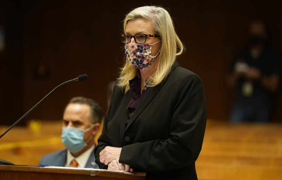 Deputy District Attorney Michele Hanisee addresses the court during the arraignment of several people arrested in connection with the theft of Lady Gaga's dog and shooting of her dog walker, Thursday, April 29, 2021, in Los Angeles. (AP Photo/Damian Dovarganes, Pool)