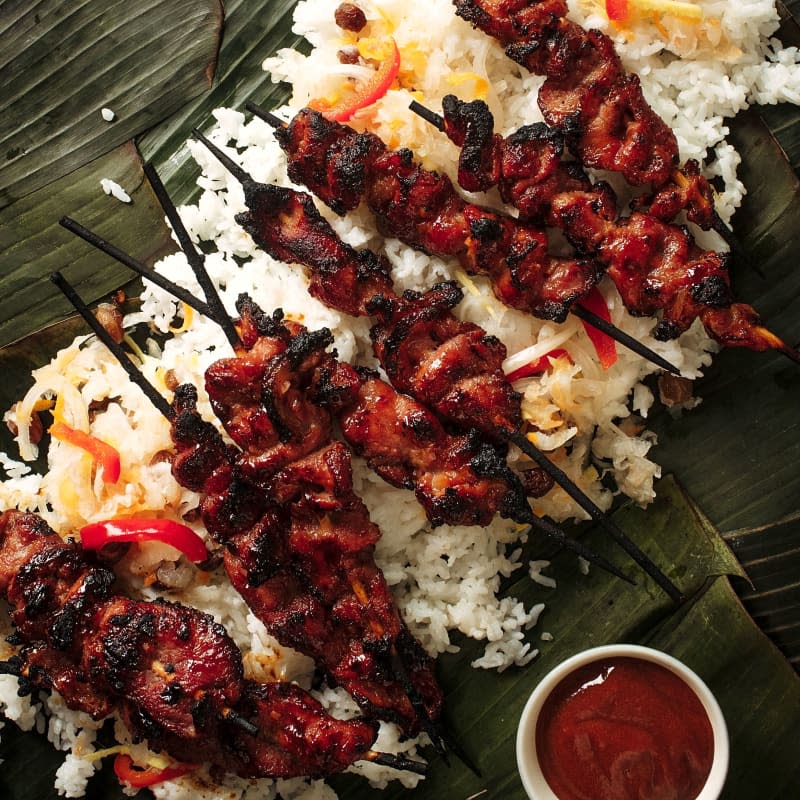 Peach-Banana Glazed Tocino Skewers with Daikon Atchara 