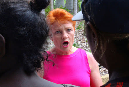 FILE PHOTO: Australian senator Pauline Hanson reacts as she talks with local Aboriginal people in the northern Australian town of Rockhampton in Queensland, Australia, November 8, 2017. REUTERS/Jonathan Barrett/File Photo