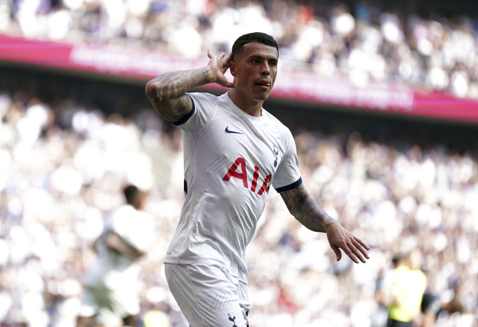 Tottenham Hotspur's Pedro Porro celebrates scoring his sides first goal during the English Premier League soccer match between Tottenham Hotspur and Burnley, at the Tottenham Hotspur Stadium, London, Saturday May 11, 2024. (Adam Davy/PA via AP)