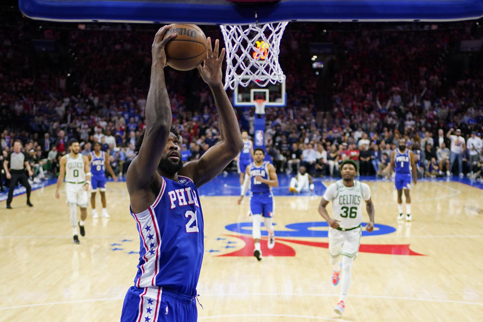 Philadelphia 76ers' Joel Embiid goes up for a shot against against the Boston Celtics during the second half of Game 6 of an NBA basketball playoffs Eastern Conference semifinal, Thursday, May 11, 2023, in Philadelphia. (AP Photo/Matt Slocum)