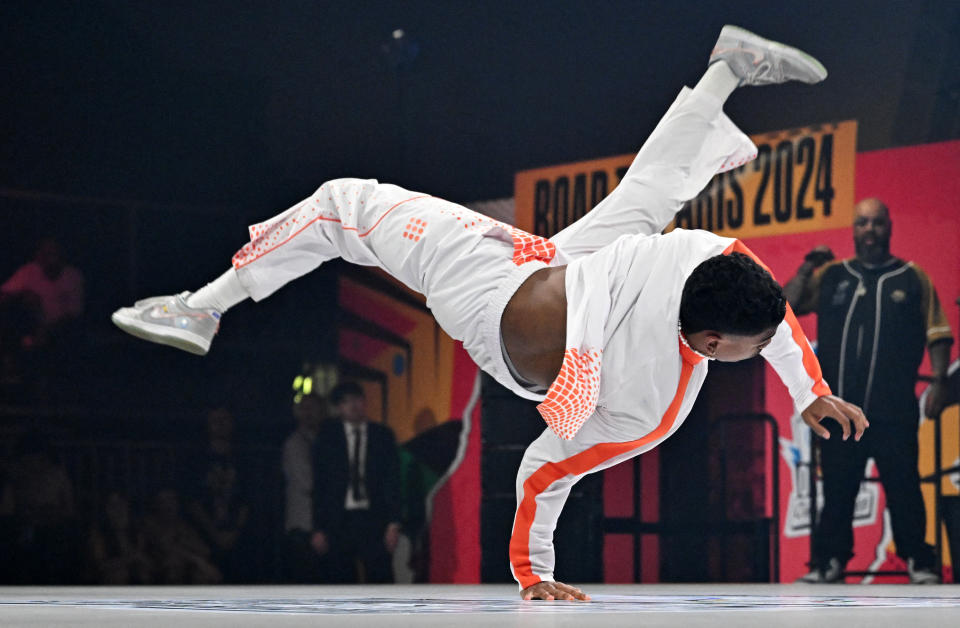 The Netherlands' Lee performs to win the Breaking B-Boys event of the Olympic Qualifier Series 2024 in Budapest, Hungary on June 23, 2024. (Photo by Attila KISBENEDEK / AFP) (Photo by ATTILA KISBENEDEK/AFP via Getty Images)