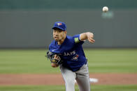 Toronto Blue Jays starting pitcher Yusei Kikuchi throws during the first inning of a baseball game against the Kansas City Royals Monday, April 22, 2024, in Kansas City, Mo. (AP Photo/Charlie Riedel)