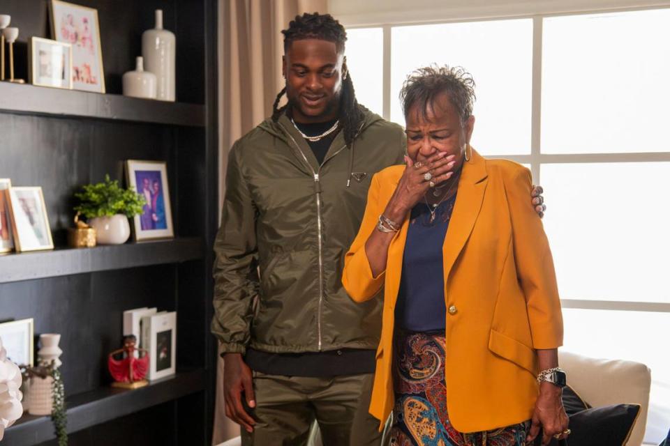 Las Vegas Raiders All-Pro wide receiver Davante Adams trades his football for a sledgehammer as he gifts his grandmother, Bettie, who helped raise him, a modern upgrade to her East Palo Alto, Calif., home where he grew up.