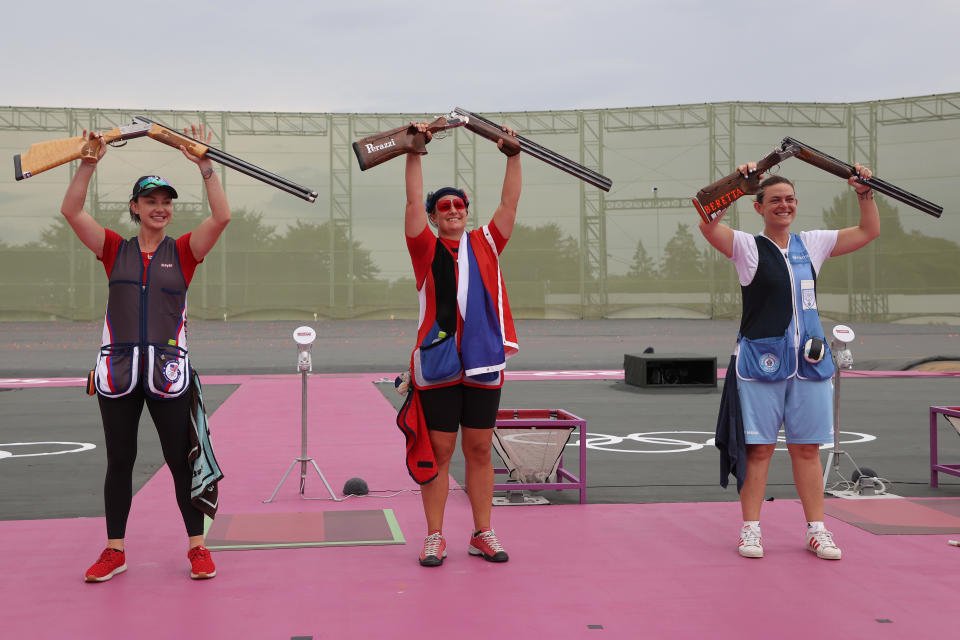 <p>ASAKA, JAPAN - JULY 29: (L-R) Silver Medalist Kayle Browning of Team United States, Gold Medalist Zuzana Rehak Stefecekova of Team Slovakia, and Bronze Medalist Alessandra Perilli of Team San Marino celebrate following the Trap Women's Finals on day six of the Tokyo 2020 Olympic Games at Asaka Shooting Range on July 29, 2021 in Asaka, Saitama, Japan. (Photo by Kevin C. Cox/Getty Images)</p> 