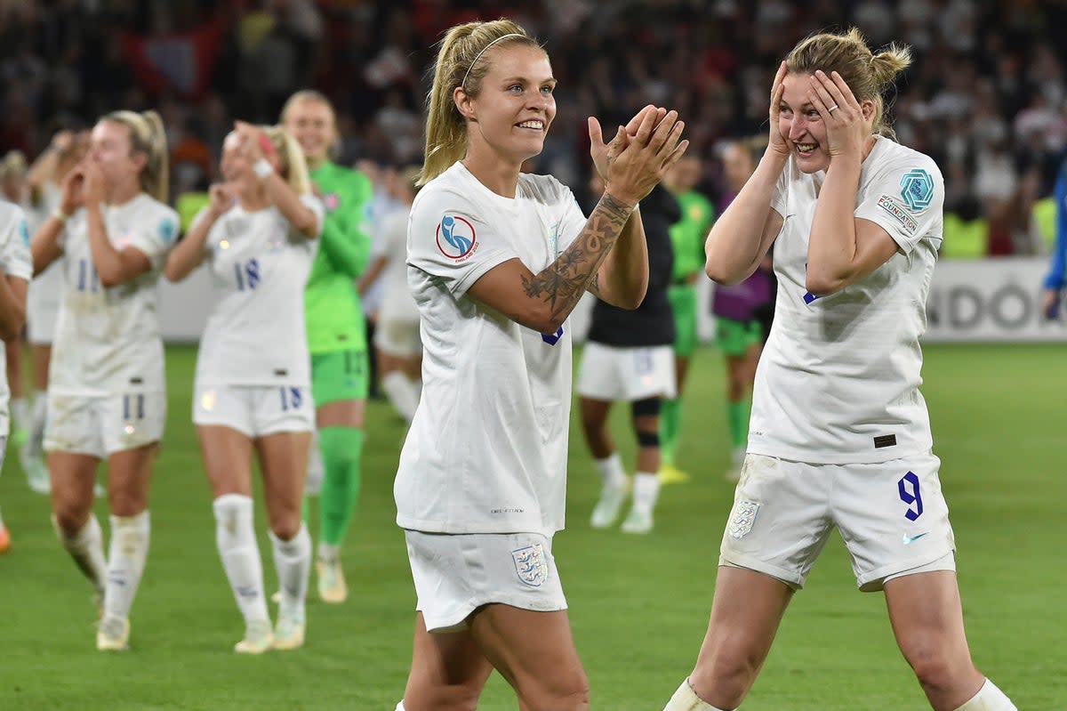 England celebrate the semi-final win against Sweden at Bramall Lane  (AP)