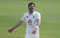 England's James Anderson celebrates the dismissal of Pakistan's Shan Masood during the first day of the second cricket Test match between England and Pakistan, at the Ageas Bowl in Southampton, England, Thursday, Aug. 13, 2020. (Stu Forster/Pool via AP)