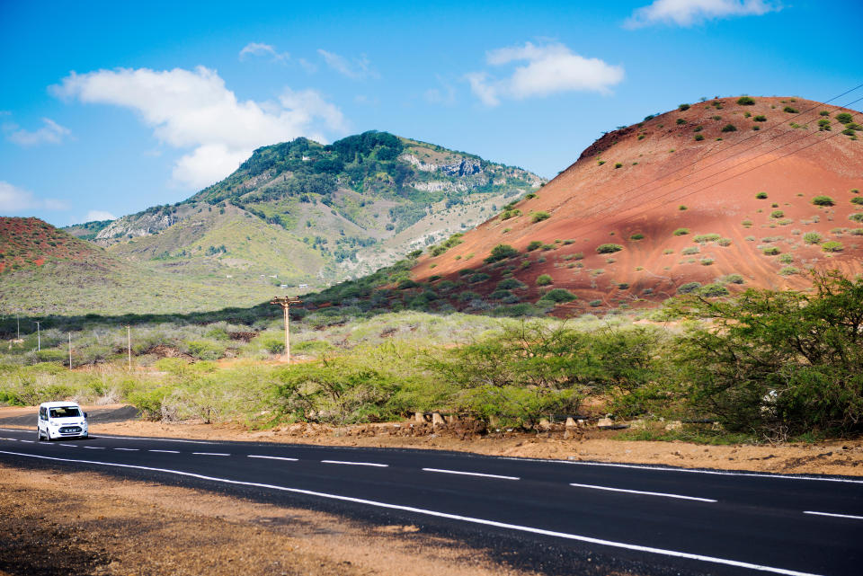 Ascension Island View of road to Green Mountain with volcanic topography