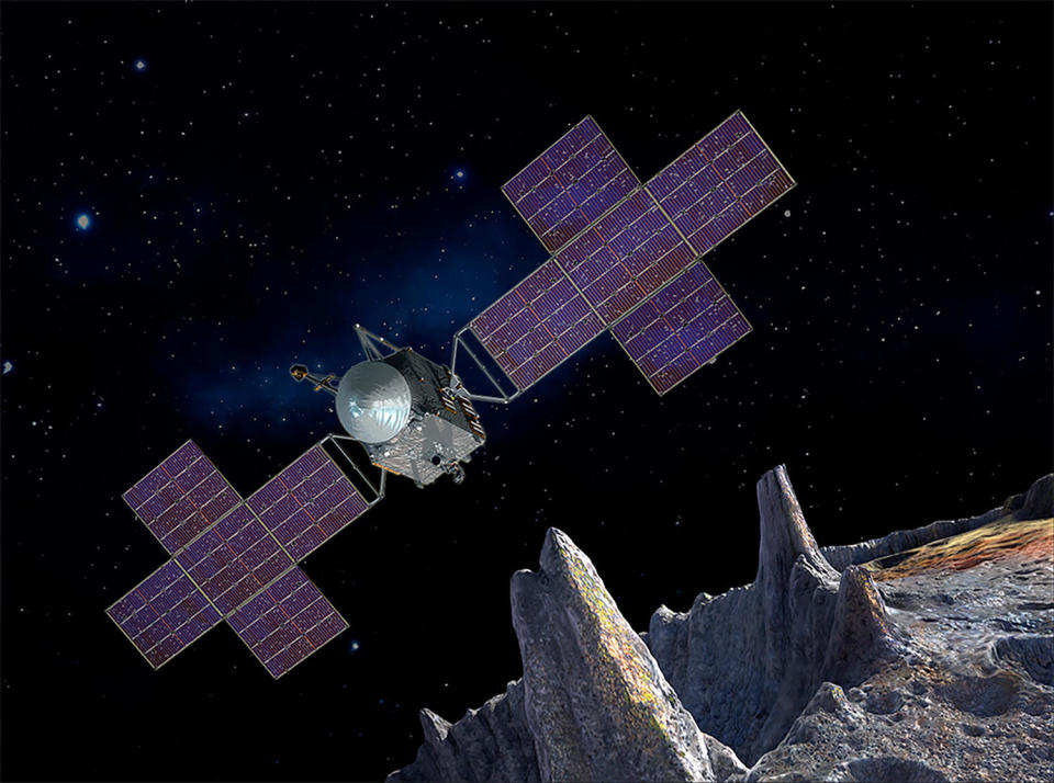 An artist's impression of the Psyche probe, its solar arrays extended, in orbit around its quarry of the same name, one of only a handful of metallic asteroids yet discovered. It may be core-like material from a planetary building block that was ripped apart in the distant past when two larger bodies collided / Credit: NASA