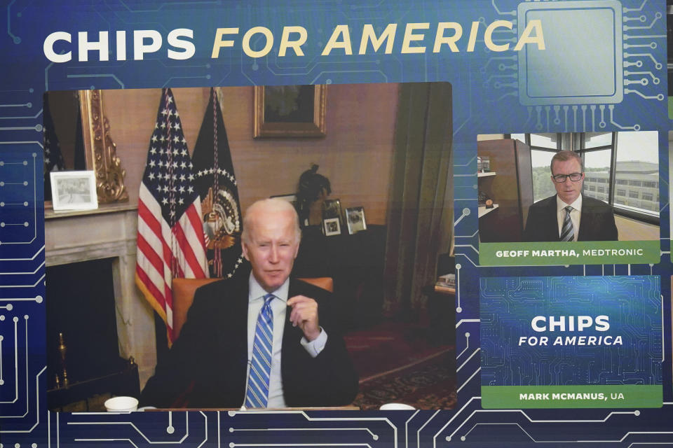 President Joe Biden speaks virtually during an event in the South Court Auditorium on the White House complex in Washington, Monday, July 25, 2022. Biden, who continues to recover from his coronavirus infection, spoke virtually with business executives and labor leaders to discuss the Chips Act, a proposal to bolster domestic manufacturing. (AP Photo/Susan Walsh)