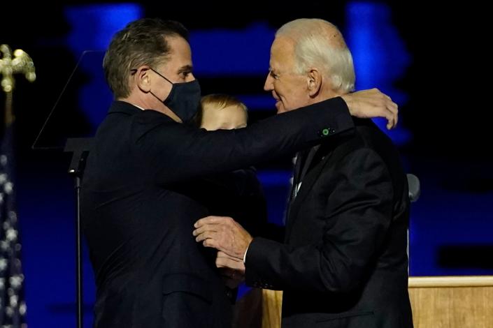 Joe Biden embraces his son Hunter at the Chase Center in Wilmington, Del., in 2020.