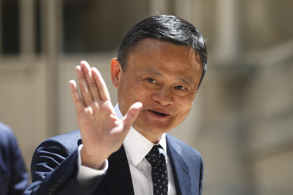 Founder of Alibaba group Jack Ma arrives for the Tech for Good summit, Wednesday, May 15, 2019 in Paris. World leaders and tech bosses meet Wednesday in Paris to discuss ways to prevent social media from spreading deadly ideas. (AP Photo/Thibault Camus)