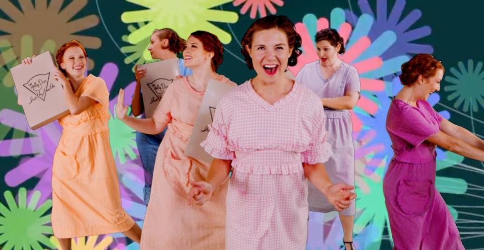 Julie Pope, center, portrays Nell Donnelly, and sings, in “Nelly Don — The Musical Movie.”
