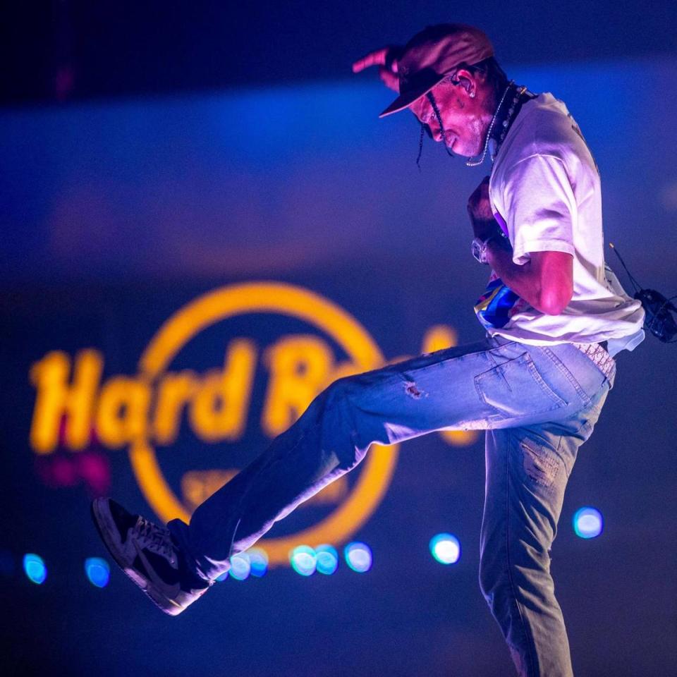 Rapper Travis Scott performs after being brought out as a surprise guest by fellow rapper Future during the second day of Rolling Loud Miami, an international hip-hop festival, at Hard Rock Stadium in Miami Gardens, Florida, on Saturday, July 23, 2022.