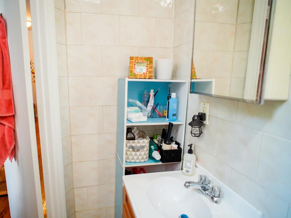 A view of the author's bathroom in her Brooklyn apartment shows the sink, mirror medicine cabinet, and a storage shelf on the right. A pink towel hangs from a door to the kitchen on the left.