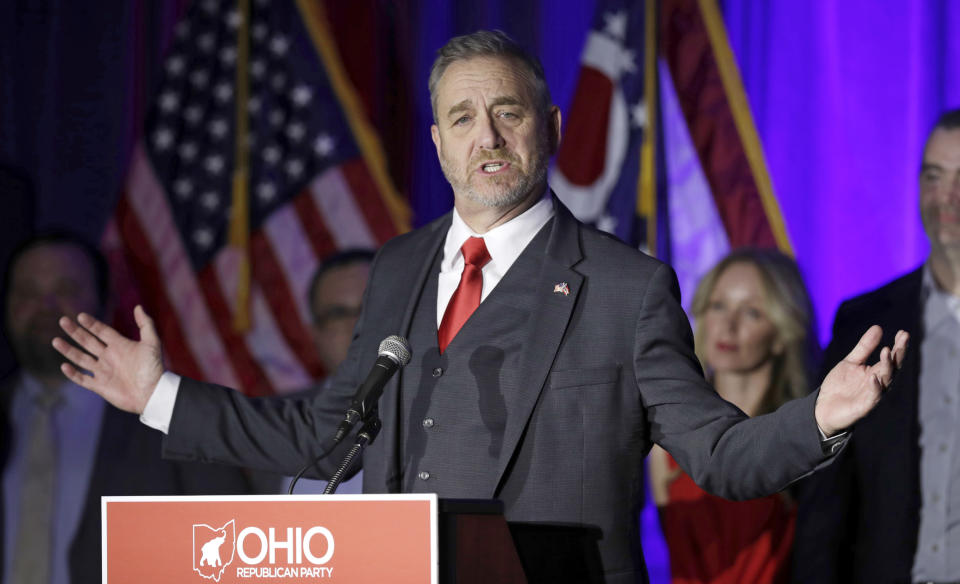 FILE - Ohio Attorney General Dave Yost speaks at an Ohio Republican Party event, Nov. 6, 2018, in Columbus, Ohio. Yost, Ohio's top law enforcer, has scheduled a news conference Tuesday, Jan. 30, 2024, to discuss “next steps to kickstart” the state's stalled capital punishment system, after expressing support for the nitrogen gas method used for the first time in Alabama last week. (AP Photo/Tony Dejak, File)