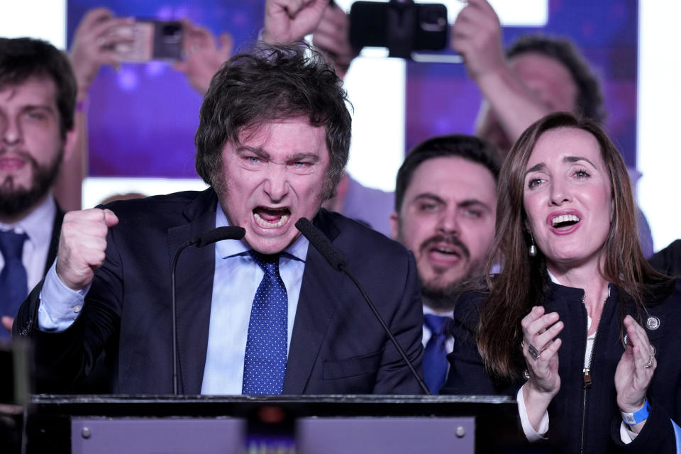 Javier Milei este domingo pasado tras saberse los resultados electorales. (AP Photo/Natacha Pisarenko)