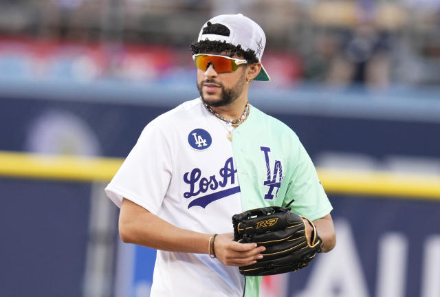 Bad Bunny at Dodgers Stadium in Los Angeles for MLB Celebrity softball game  