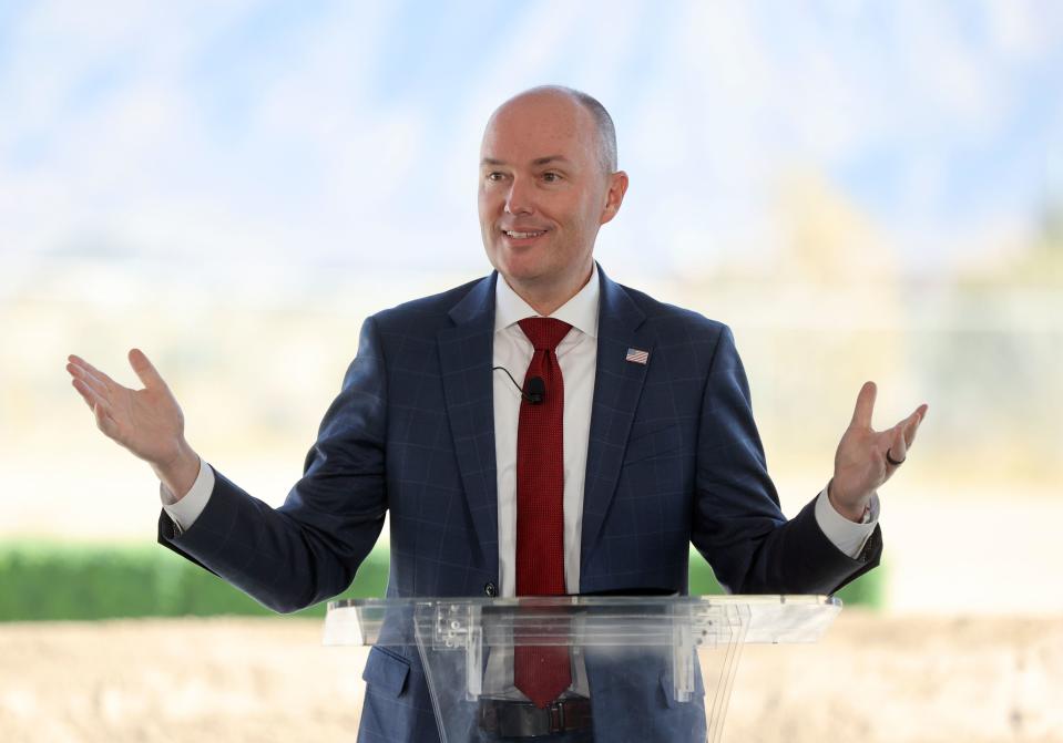 Gov. Spencer Cox speaks during a ground breaking ceremony for Texas Instruments’ second Utah semiconductor factory in Lehi on Thursday, Nov. 2, 2023. | Kristin Murphy, Deseret News