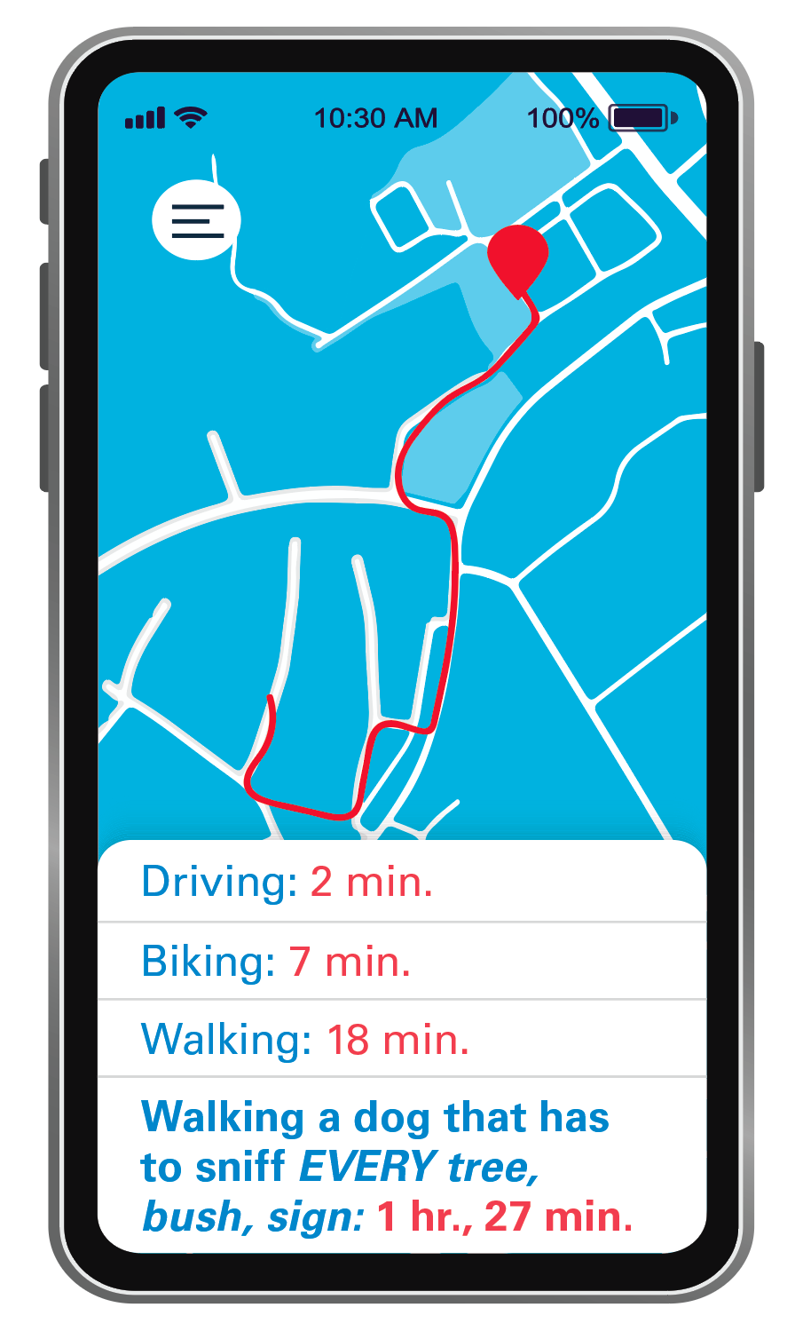 A map shows just how long it takes to take the dog for a walk (dog jokes) 