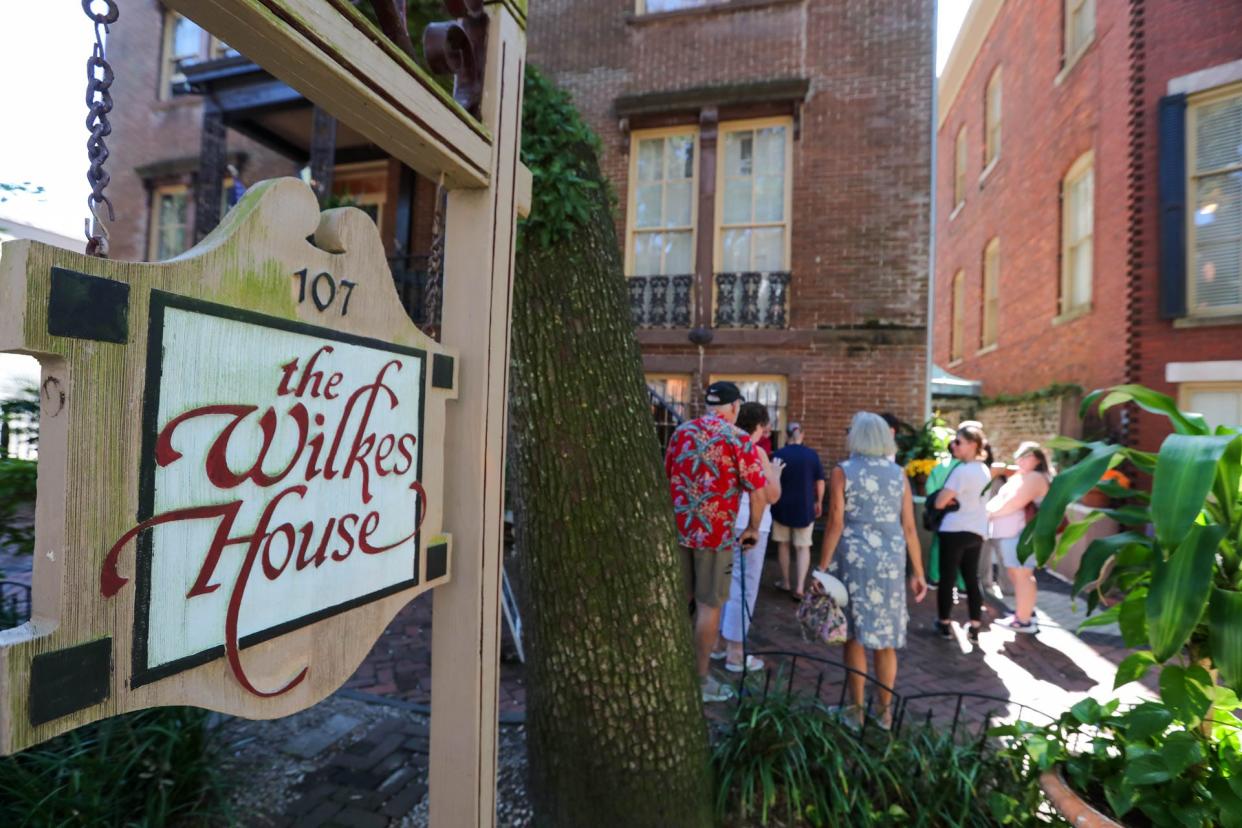 The final guests of the day stand in line outside of Mrs. Wilkes Dining Room in Savannah, Georgia on Friday, September 29, 2023.