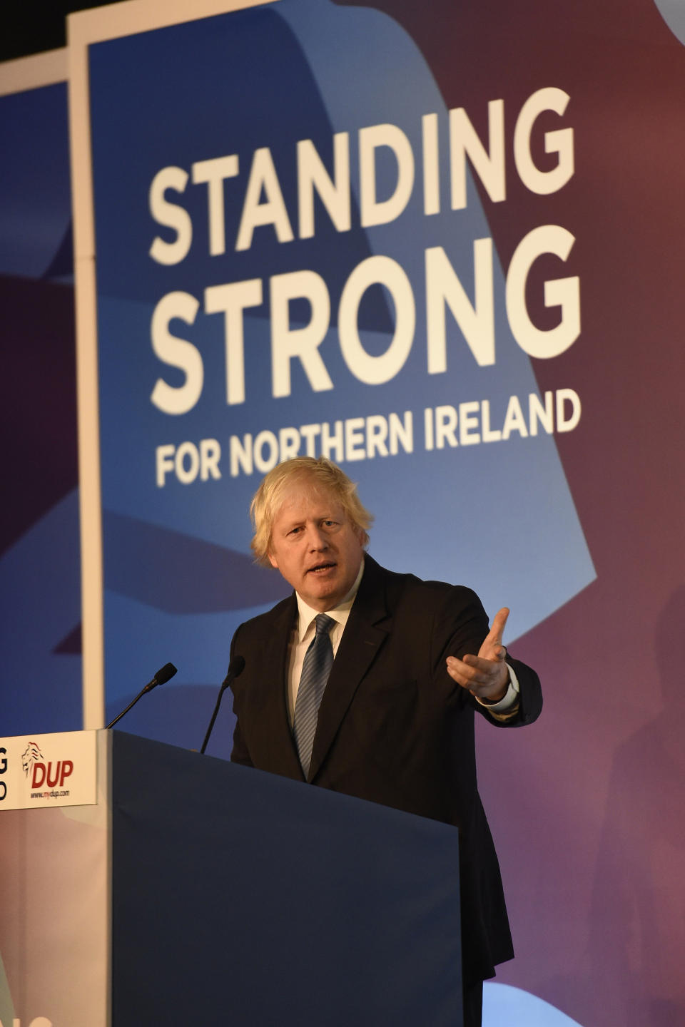 Boris Johnson speaking during the DUP annual conference at the Crown Plaza Hotel in Belfast.